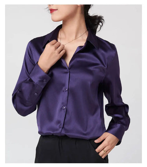 Purple silk shirt worn by a model, shown from the front.