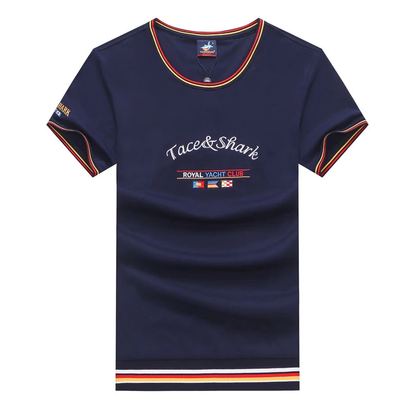 TACE&SHARK Summer Military T-shirts Fashion Embroidery Casual Cotton White Camiseta Tops Tees Shark Short Sleeve T Shirt Men