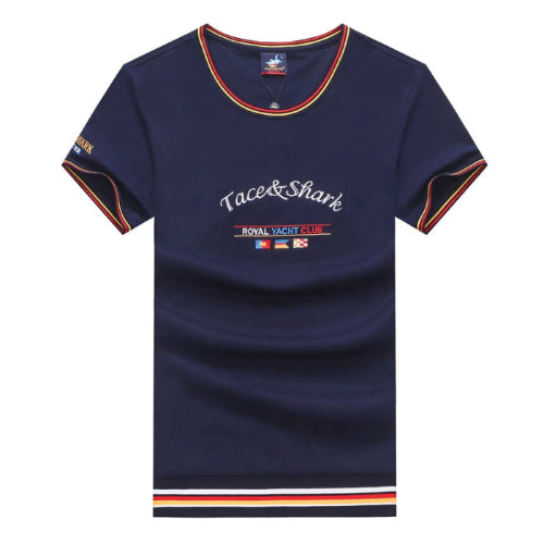 A navy blue short-sleeve t-shirt with 'Tace&Shark Royal Racing Club' printed on the chest, featuring red and yellow striped trim on the collar, sleeve cuffs, and hem.