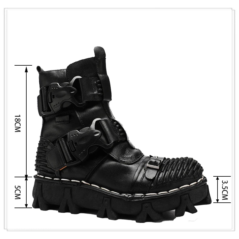 Men's Cowhide Genuine Leather Motorcycle Boots Combat Boots Gothic Skull Punk Desert Ankle Boots Botas50 Handmade