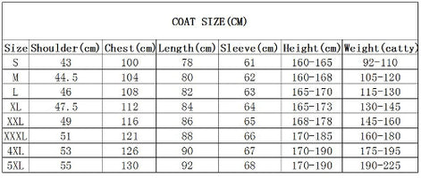 A size chart table titled 'COAT SIZE (CM)' showing coat measurements in centimeters for sizes S through 5XL, including shoulder, chest, length, sleeve, height, and weight.