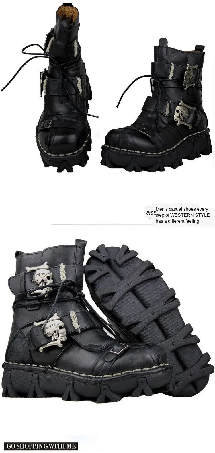 Men's Cowhide Genuine Leather Motorcycle Boots Combat Boots Gothic Skull Punk Desert Ankle Boots Botas50 Handmade
