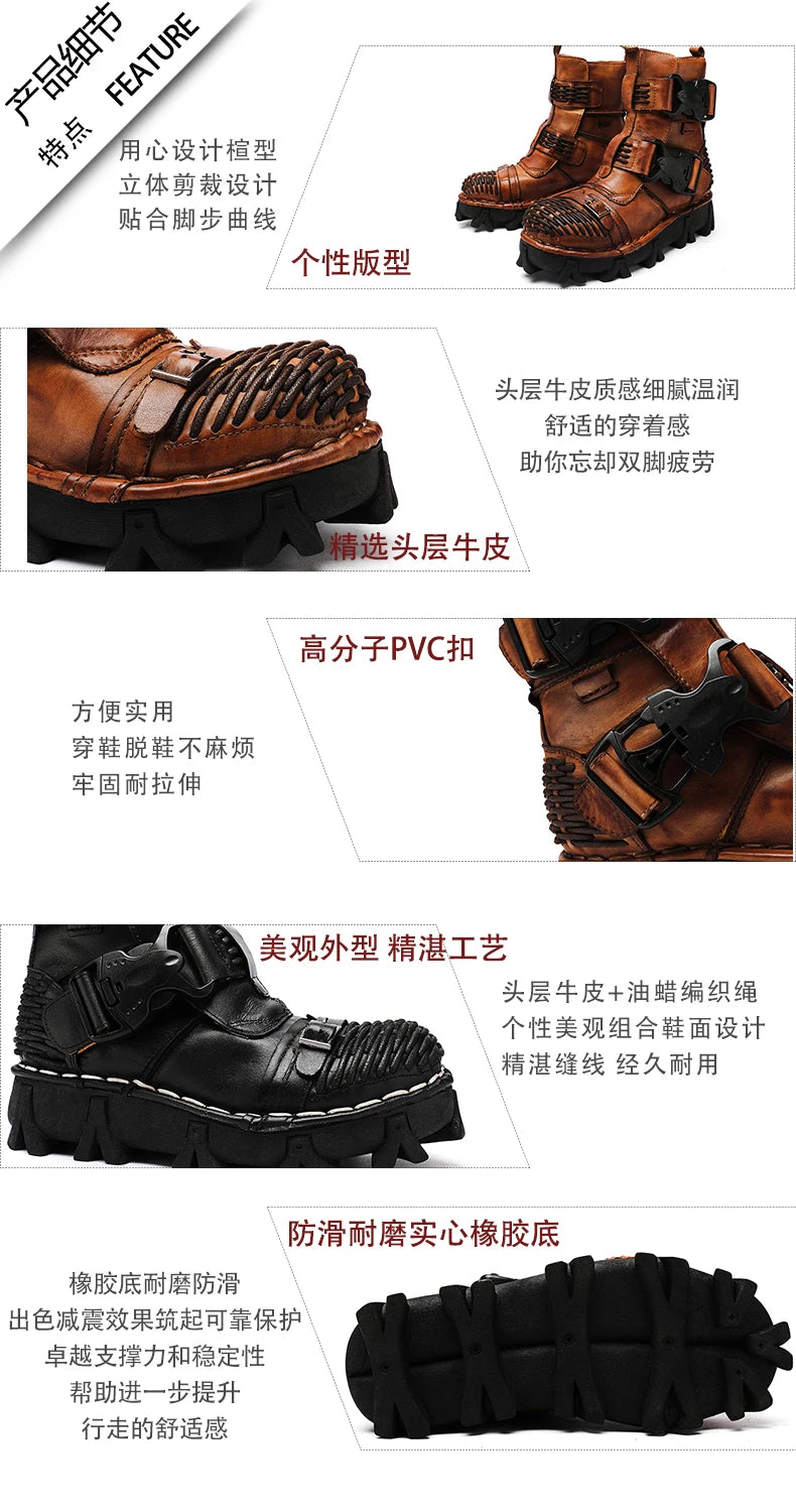 Men's Cowhide Genuine Leather Motorcycle Boots Combat Boots Gothic Skull Punk Desert Ankle Boots Botas50 Handmade