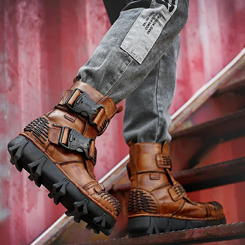 Men's Cowhide Genuine Leather Motorcycle Boots Combat Boots Gothic Skull Punk Desert Ankle Boots Botas50 Handmade