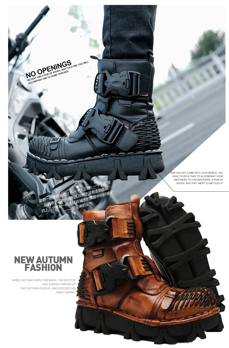 Men's Cowhide Genuine Leather Motorcycle Boots Combat Boots Gothic Skull Punk Desert Ankle Boots Botas50 Handmade