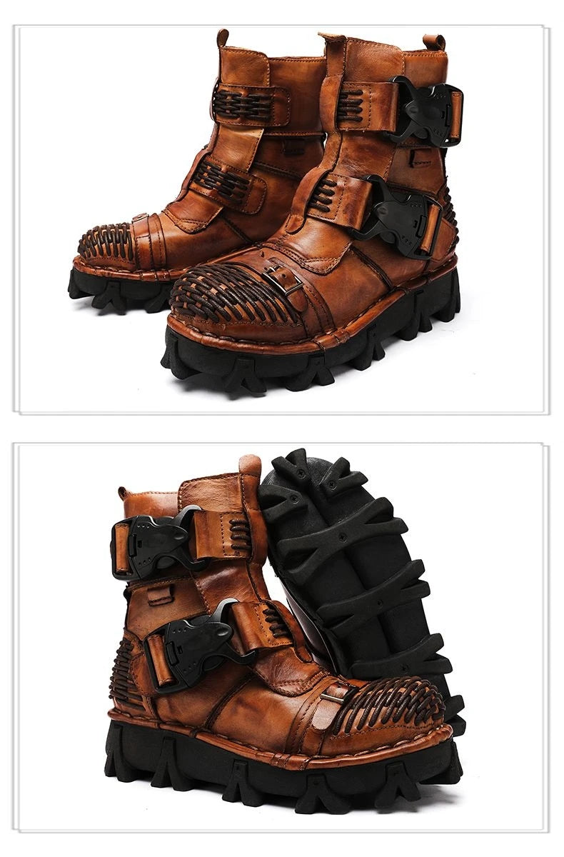 Men's Cowhide Genuine Leather Motorcycle Boots Combat Boots Gothic Skull Punk Desert Ankle Boots Botas50 Handmade