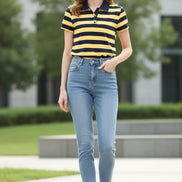 A woman wearing a yellow and navy blue horizontally striped short-sleeve polo shirt, with the brand logo 'Ruru' in the top left corner.