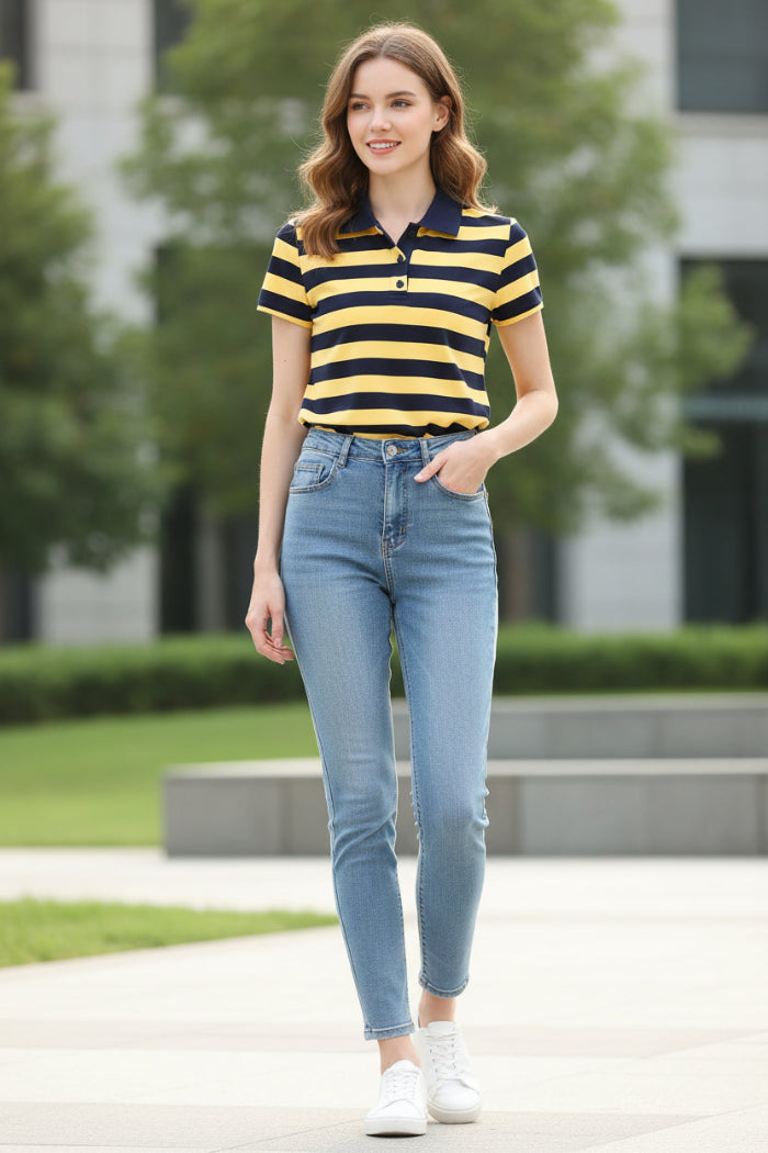 A woman wearing a yellow and navy blue horizontally striped short-sleeve polo shirt, with the brand logo 'Ruru' in the top left corner.
