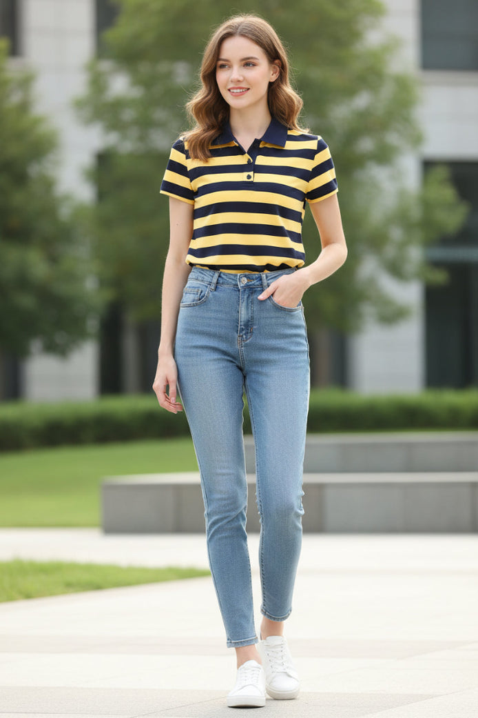 A woman wearing a yellow and navy blue horizontally striped short-sleeve polo shirt, with the brand logo 'Ruru' in the top left corner.