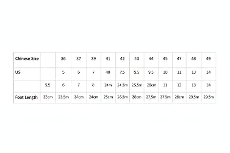 Table showing shoe size conversions with foot length measurements.