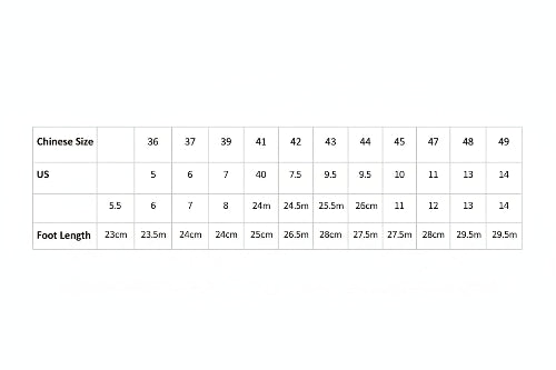 Table showing shoe size conversions with foot length measurements.