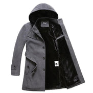Gray hooded coat with black lining on a white background