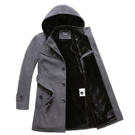 Gray hooded coat with black lining on a white background