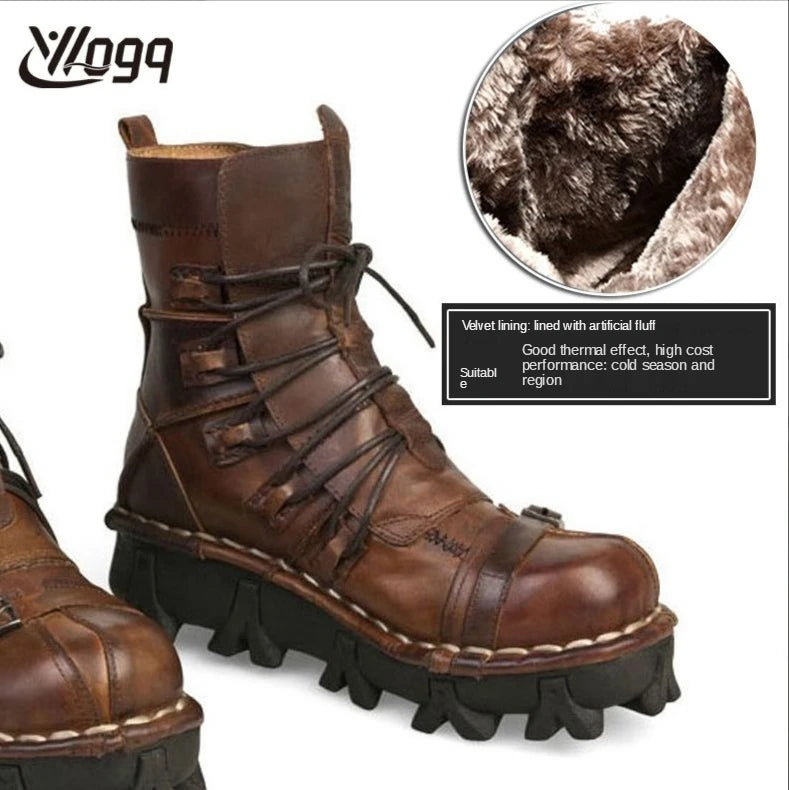 Men's Cowhide Genuine Leather Motorcycle Boots Combat Boots Gothic Skull Punk Desert Ankle Boots Botas50 Handmade