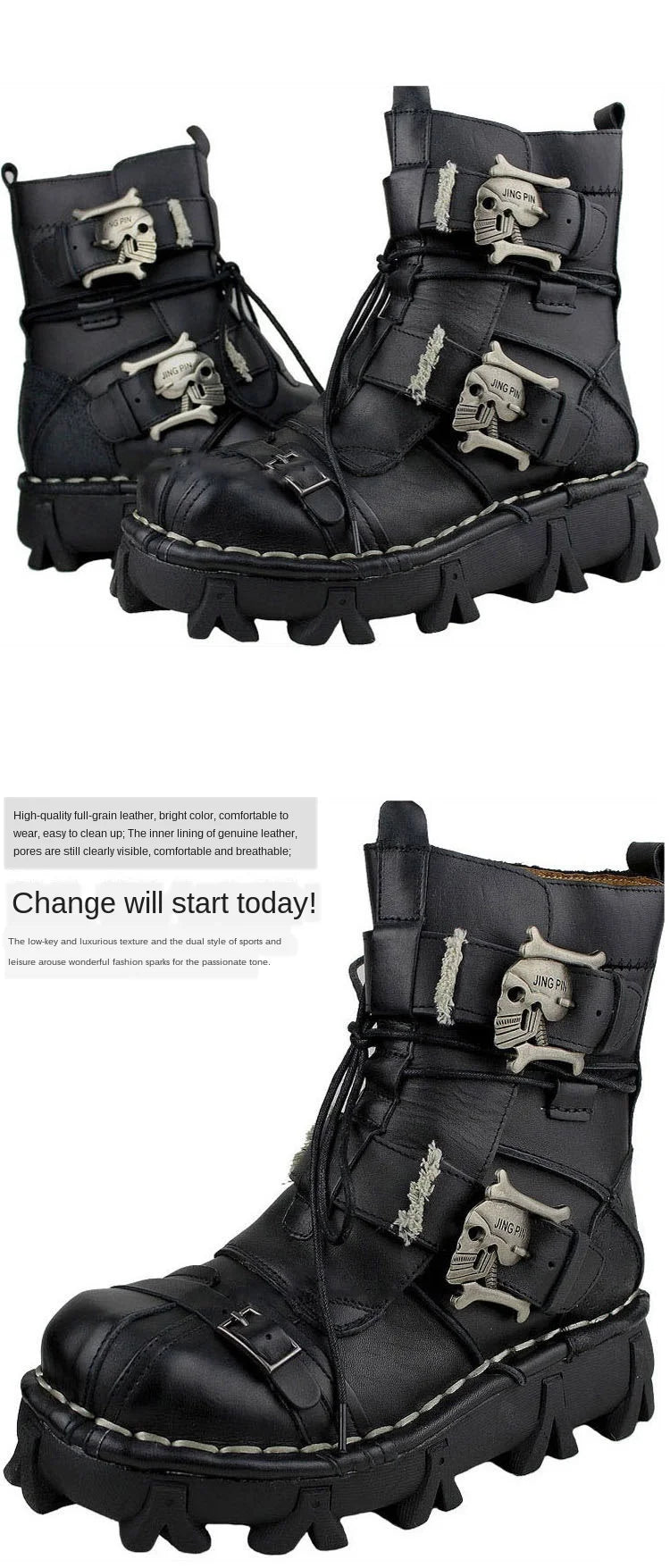 Men's Cowhide Genuine Leather Motorcycle Boots Combat Boots Gothic Skull Punk Desert Ankle Boots Botas50 Handmade