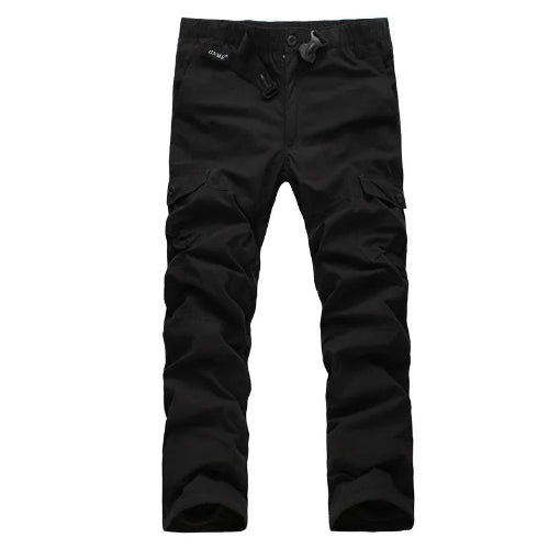 Black cargo pants with cargo pockets shown on a white background