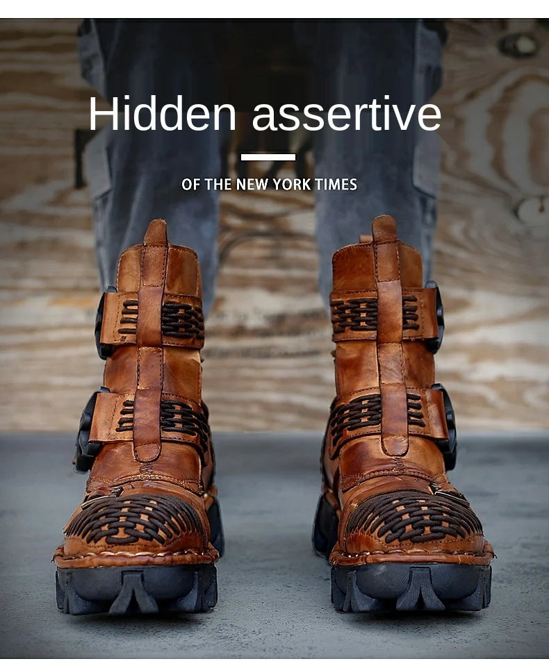 Men's Cowhide Genuine Leather Motorcycle Boots Combat Boots Gothic Skull Punk Desert Ankle Boots Botas50 Handmade