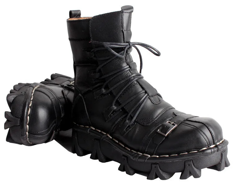 Men's Cowhide Genuine Leather Motorcycle Boots Combat Boots Gothic Skull Punk Desert Ankle Boots Botas50 Handmade