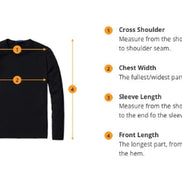 Black long-sleeve shirt with measurement guide on a white background