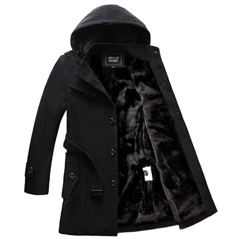 Black hooded coat with fur lining on a white background