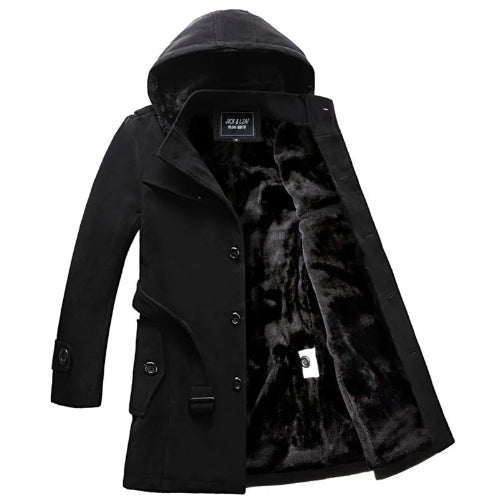 Black hooded coat with fur lining on a white background