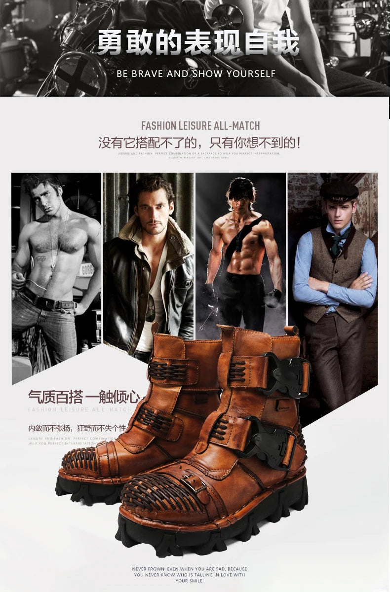 Men's Cowhide Genuine Leather Motorcycle Boots Combat Boots Gothic Skull Punk Desert Ankle Boots Botas50 Handmade