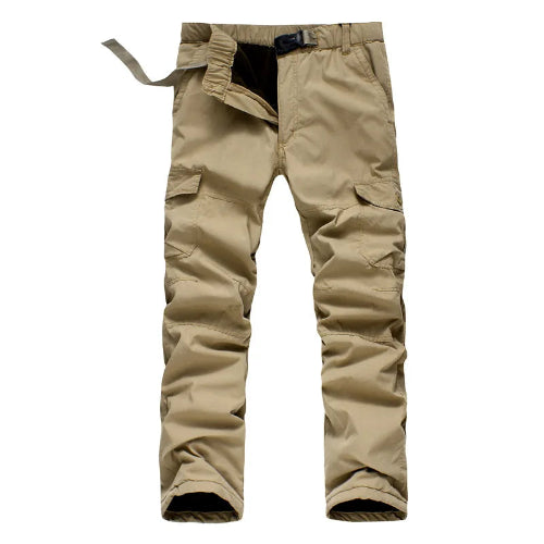 Khaki fleece-lined cargo pants shown on a white background with the waistband open showing the fleece lining