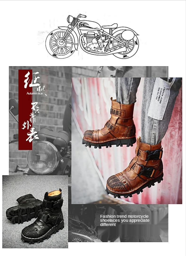 Men's Cowhide Genuine Leather Motorcycle Boots Combat Boots Gothic Skull Punk Desert Ankle Boots Botas50 Handmade