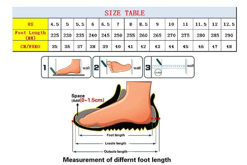 Foot measurement chart with size table and foot length diagram