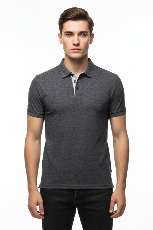 Gray polo shirt with a collar on a white background
