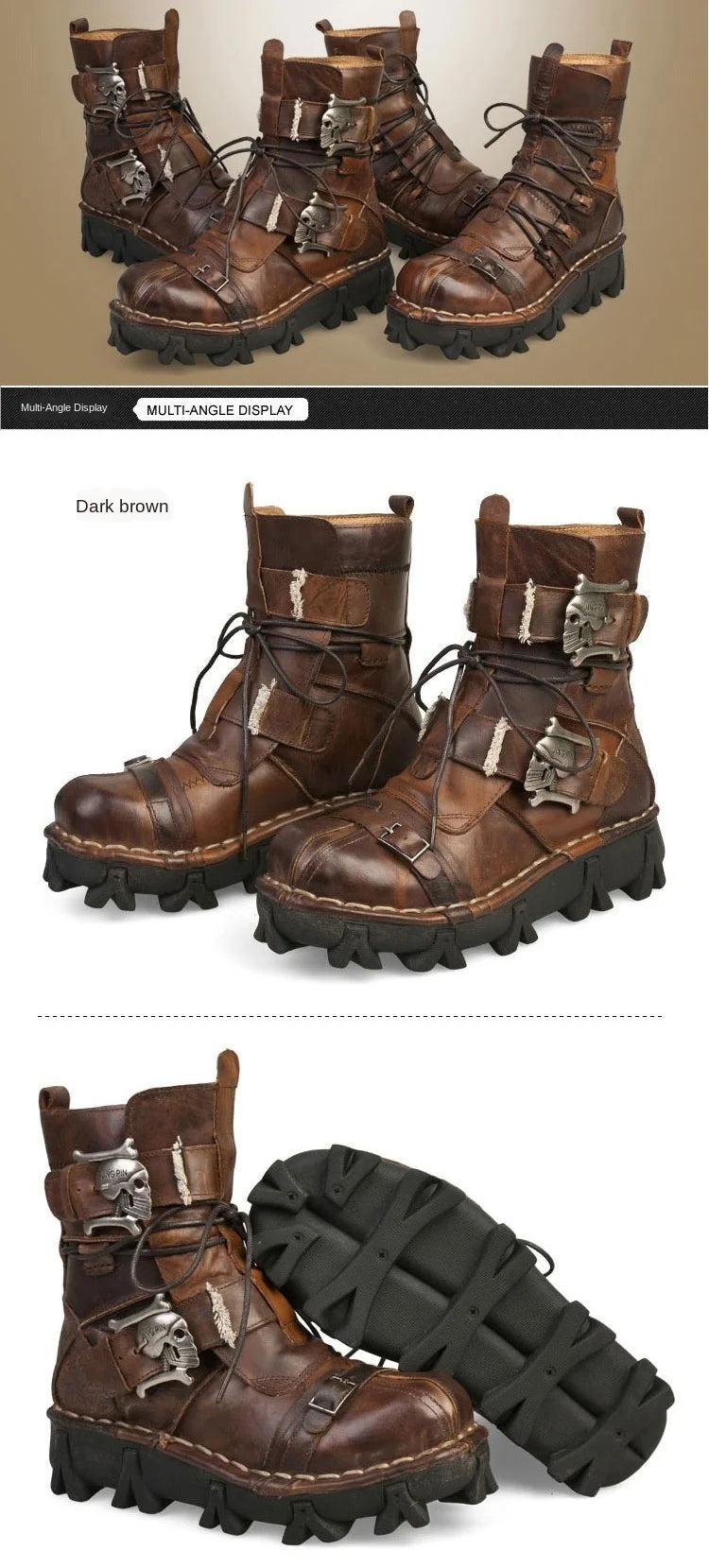Men's Cowhide Genuine Leather Motorcycle Boots Combat Boots Gothic Skull Punk Desert Ankle Boots Botas50 Handmade