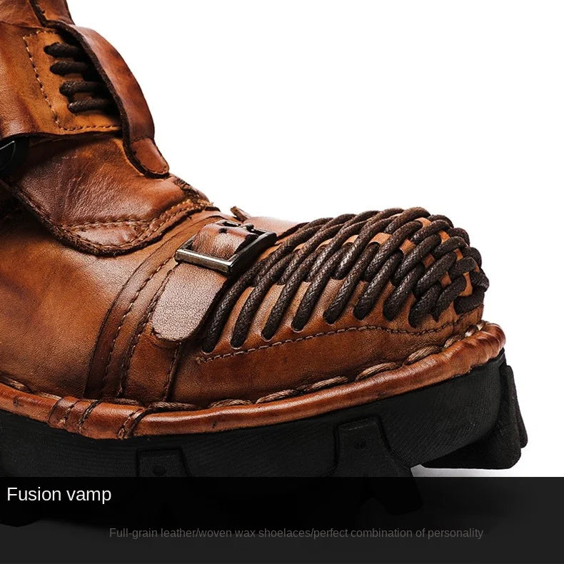 Men's Cowhide Genuine Leather Motorcycle Boots Combat Boots Gothic Skull Punk Desert Ankle Boots Botas50 Handmade
