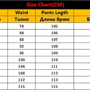 Size chart for pants in centimeters with waist, length, and hip measurements.
