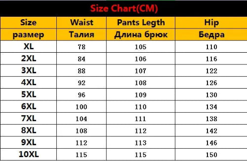 Size chart for pants in centimeters with waist, length, and hip measurements.