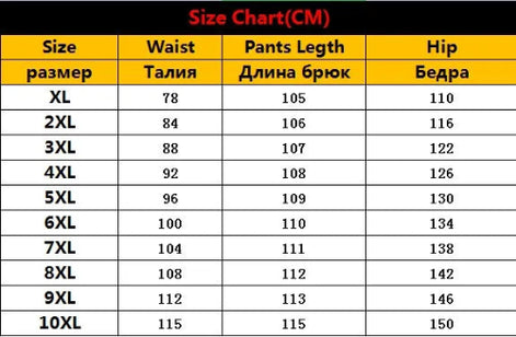 Size chart for pants in centimeters with waist, length, and hip measurements.