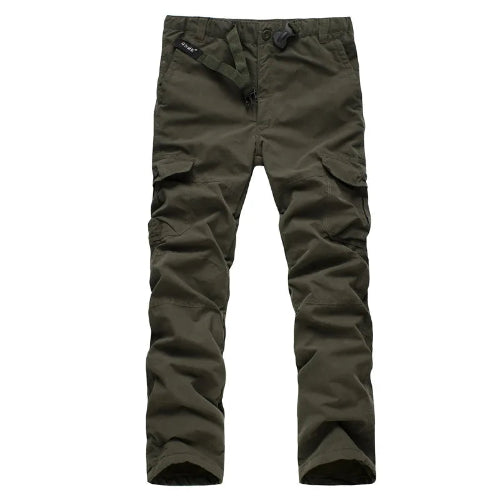 Army green cargo pants with cargo pockets shown on a white background