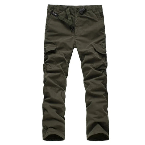 Army green cargo pants with cargo pockets shown on a white background