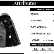 A product information graphic titled 'Attributes' showing a gray hooded coat with a black lining on the left, alongside product details including brand MIXRIIS, 