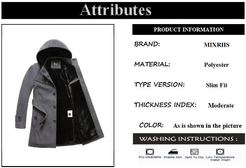 A product information graphic titled 'Attributes' showing a gray hooded coat with a black lining on the left, alongside product details including brand MIXRIIS, 