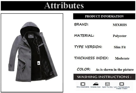 A product information graphic titled 'Attributes' showing a gray hooded coat with a black lining on the left, alongside product details including brand MIXRIIS, 