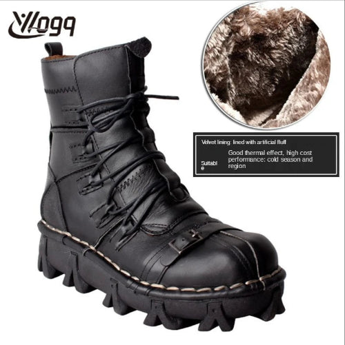 A black leather lace-up ankle boot with a chunky lug sole, shown on a white background with a circular inset highlighting the faux-fur lining and a text callout about artificial fur.