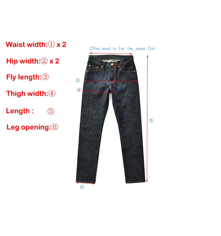 Measurement chart for jeans with labeled parts and dimensions on a white background