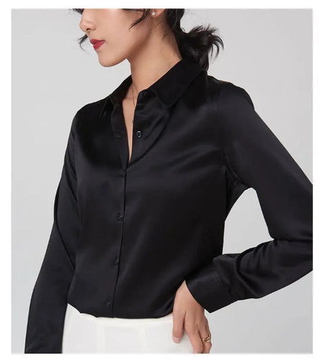 Close-up of a black silk shirt's collar and button front.