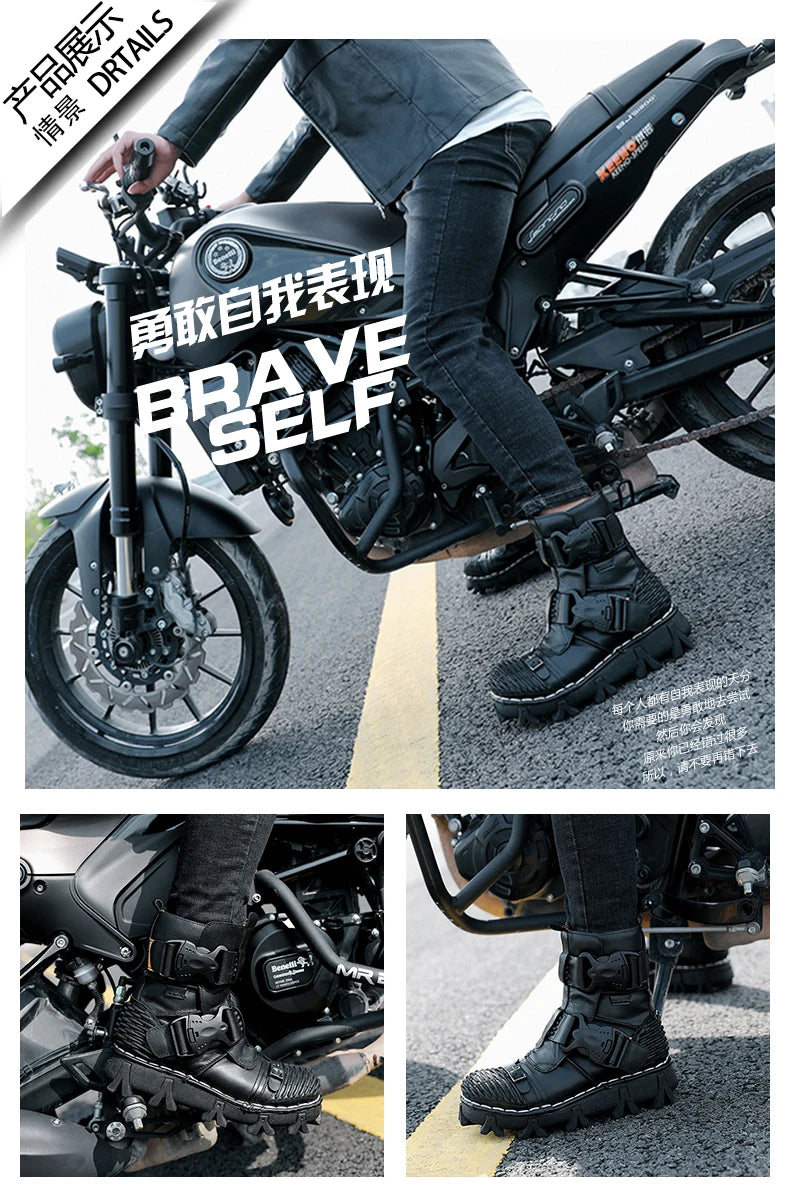 Men's Cowhide Genuine Leather Motorcycle Boots Combat Boots Gothic Skull Punk Desert Ankle Boots Botas50 Handmade