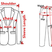 Diagram showing measurements for a suit jacket and pants on a white background
