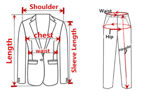 Diagram showing measurements for a suit jacket and pants on a white background