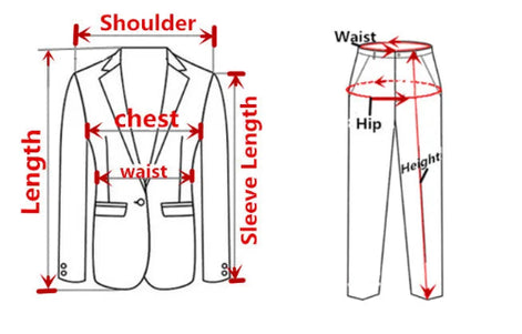 Diagram showing measurements for a suit jacket and pants on a white background