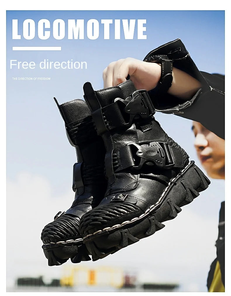 Men's Cowhide Genuine Leather Motorcycle Boots Combat Boots Gothic Skull Punk Desert Ankle Boots Botas50 Handmade