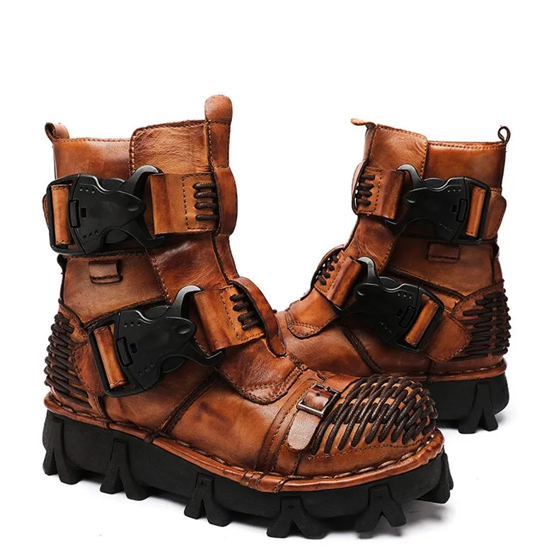 Men's Cowhide Genuine Leather Motorcycle Boots Combat Boots Gothic Skull Punk Desert Ankle Boots Botas50 Handmade
