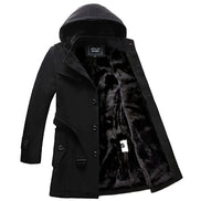 Black hooded coat with fur lining on a white background
